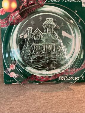 #851 Vintage Clear Glass Holiday Serving Plate with Embossed Cottage - Arcoroc